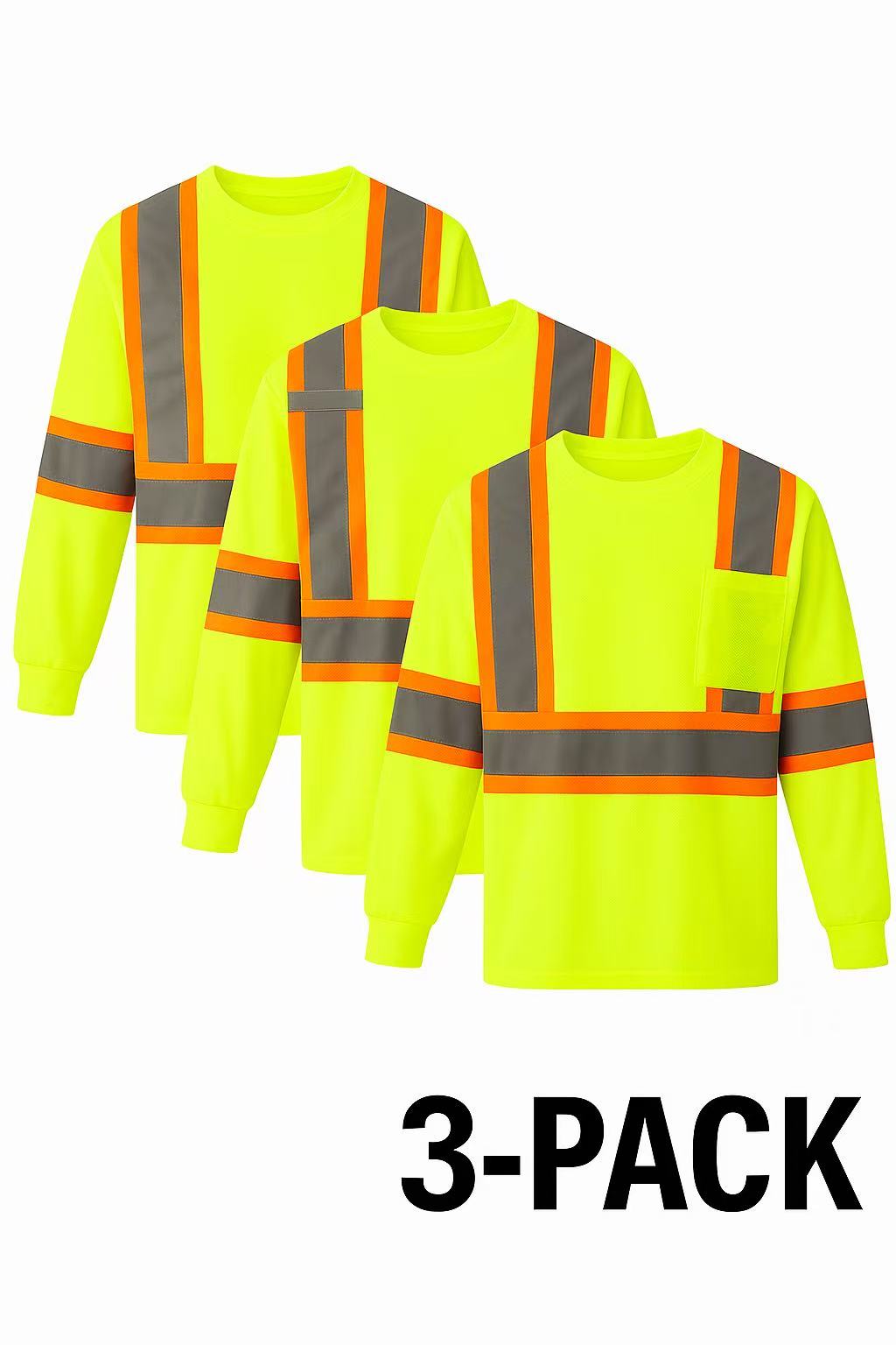 ANSI Class 3 Long Sleeve Safety Shirt 3pcs Set With High Visibility Reflective Tape And Front Pockets
