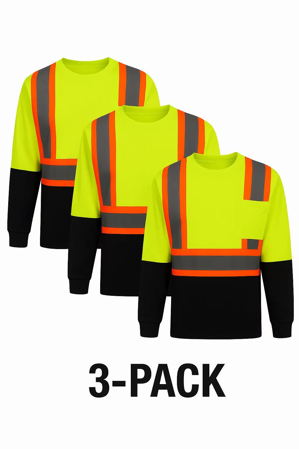 ANSI Class 3 Long Sleeve Safety Shirt 3pcs Set With High Visibility Reflective Tape And Front Pockets