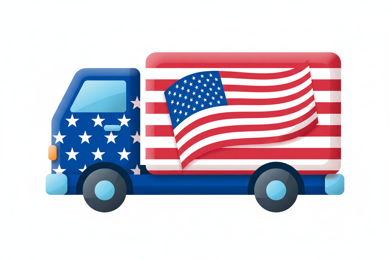 Colorful flat icon of a delivery truck with USA flag elements, clean vector style, bright bold colors, 3D-ish shading, transparent background.