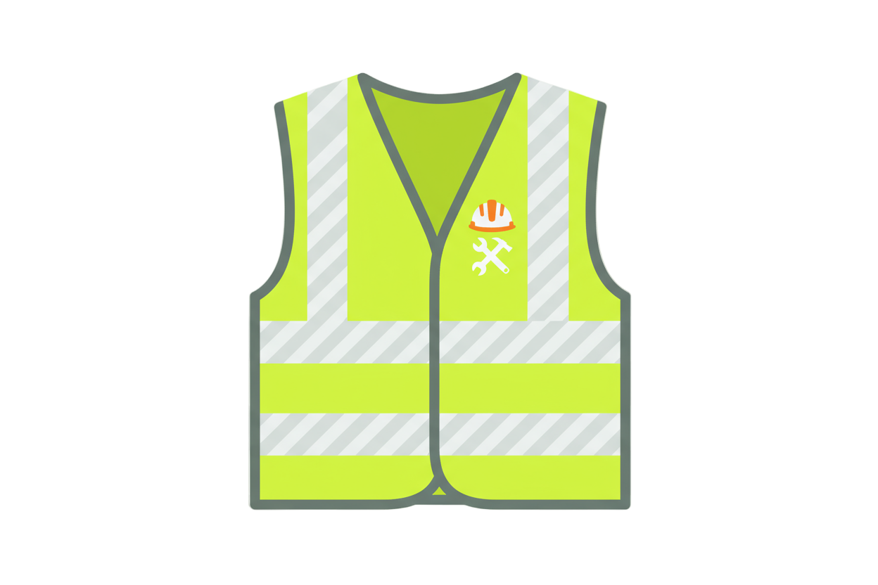 Colorful flat icon of a high visibility safety vest, neon yellow and reflective stripes, professional construction gear look, clean vector style, transparent background.