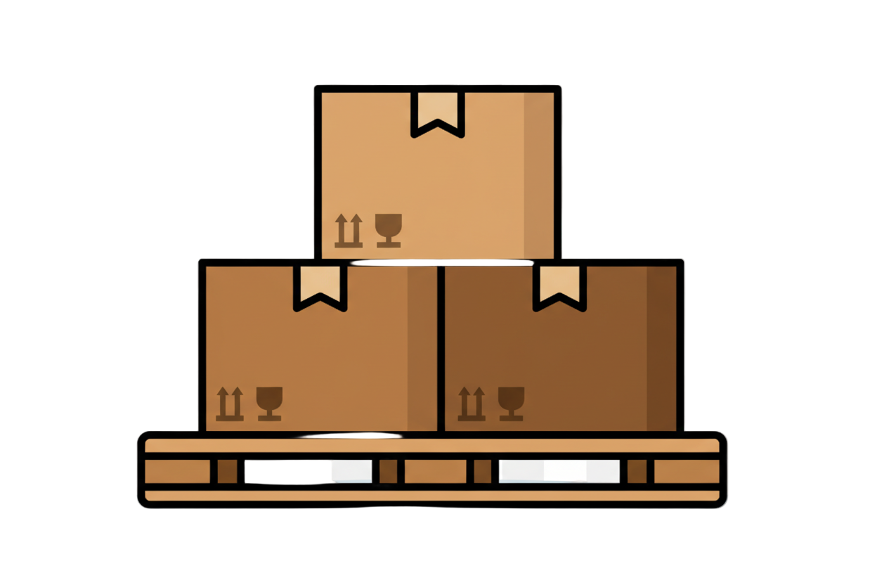 Colorful flat icon of three brown cardboard boxes stacked on a wooden pallet, warehouse logistics style, clean vector design, transparent background